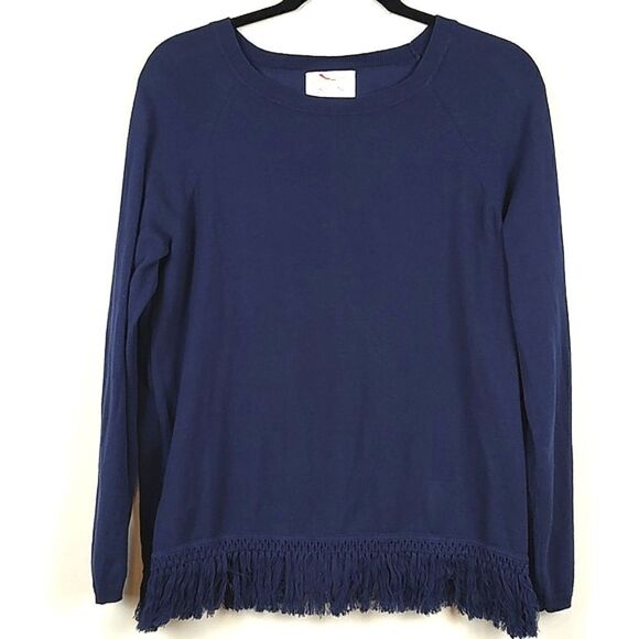 STS Sail to Sabel Navy Blue Lightweight Cotton Knit Sweater Fringe Hem Size M - Picture 1 of 8
